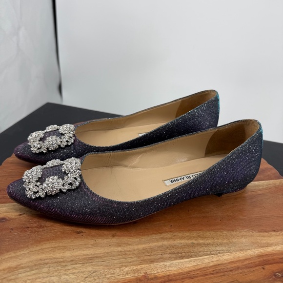 Manolo Blahnik Hangisi Flat blue glitter FMC ballerina 37.5 7.5 - Picture 3 of 13